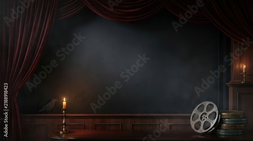 Dark Horror Cinema Theater Background with Crimson Velvet Curtains and Vintage Film Reel Frame