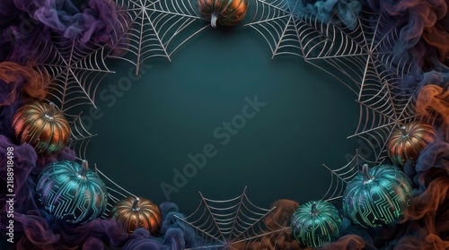 Cyberpunk Halloween Hero Banner with Circuit Pumpkins and Metallic Spiderwebs