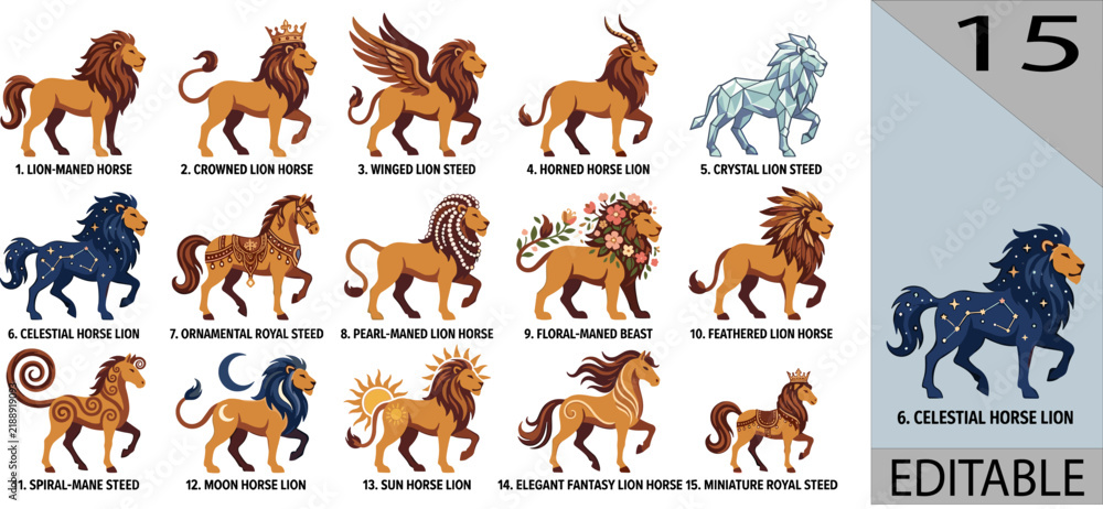Obraz premium Collection of 15 fantasy horse lion illustrations with crowned winged celestial floral ornamental designs vector editable