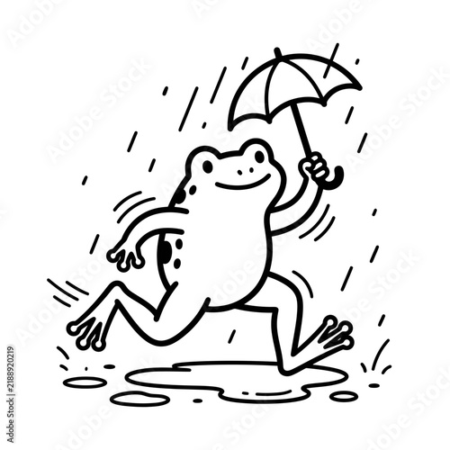 Line art illustration of a cute cartoon frog running in the rain holding an umbrella and splashing in a puddle