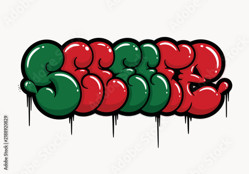 Vibrant red and green graffiti lettering with bubble style, dripping paint effect, isolated on transparent alpha, concept for festive designs, urban art and holiday branding.