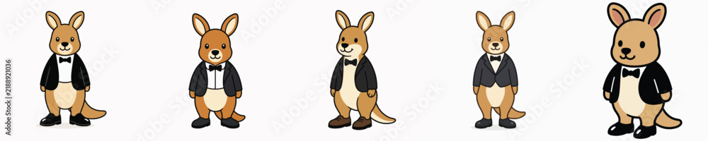 Obraz premium Set of vector illustrations of a cute and adorable kangaroo standing and wearing a tuxedo.