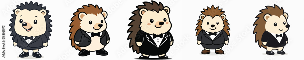 Fototapeta premium Set of vector illustrations of a cute hedgehog standing and wearing a tuxedo.