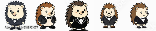 Set of vector illustrations of a cute hedgehog standing and wearing a tuxedo.