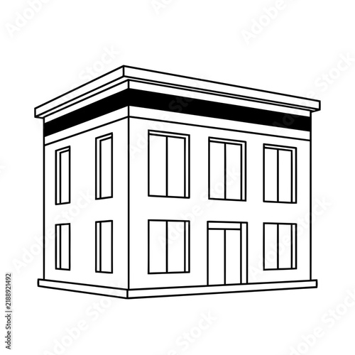 Outline of a two-story building with windows and entrance