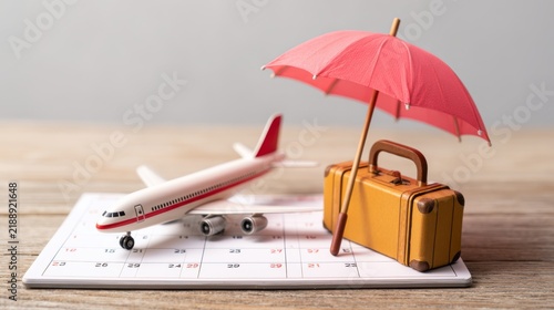 Airplane, suitcase and umbrella on white calendar background, travel holiday and annual leave planning concept for vacation, relaxation, paid time off, employee pto, business leave, summer getaway and