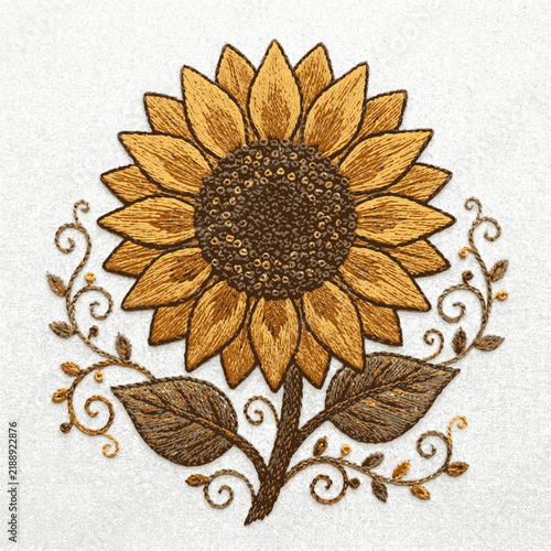 A detailed sunflower embroidery design featuring golden yellow petals and intricate dark brown leaves on white fabric with illustration