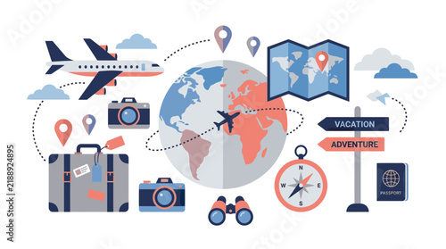 фотографія Travel and Vacation Concept: Globe, Airplane, Luggage, Map, Compass, Passport