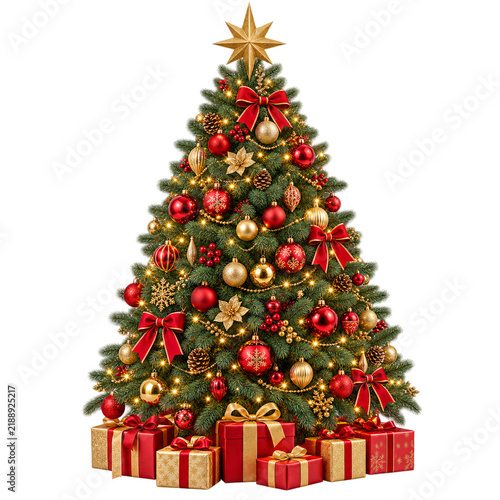 Red Gold Christmas Tree with Gifts Isolated