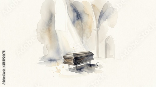 Minimalist watercolor illustration of a casket in a haunting chapel with divine light.