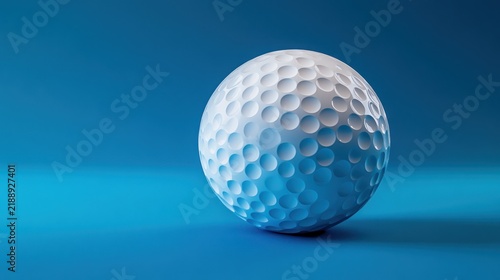A single, white golf ball rests on a vibrant, smooth, deep blue surface.  The ball's dimpled texture is clearly visible, and the light subtly highlights its contours