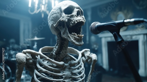 A skeleton singing into a microphone in a dimly lit room with musical instruments