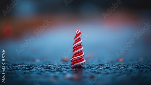 A vibrant red and white spiral candy cane, shaped like a miniature tree, rests on a dark, wet asphalt surface.  Soft bokeh background of out-of-focus blues and oranges