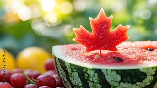 A vibrant slice of watermelon, adorned with a red maple leaf, sits amongst other summer fruits