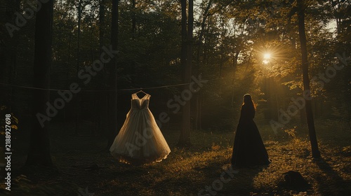 A wedding dress hangs on a line in a sunlit forest, a figure in black stands nearby