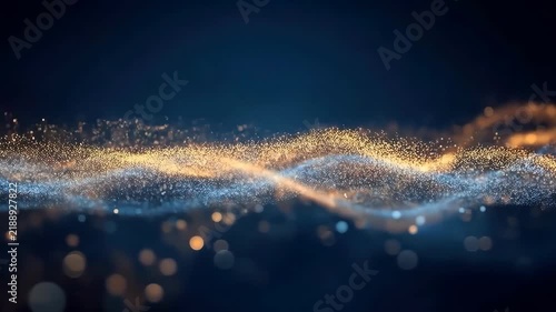 Abstract particle wave with glowing golden blue light forming flowing digital curves, luminous depth, elegant futuristic energy, technology celebration atmosphere across dark space background for SEO