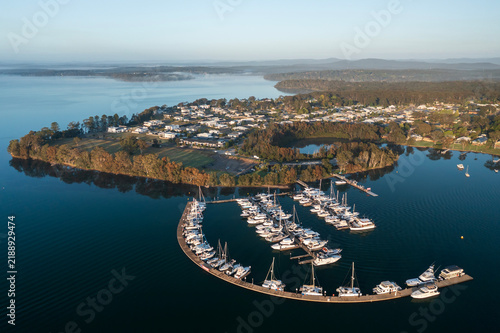 Obraz na płótnie Early morning aerial view of Trinity Point Marina and nearby Morisset Park along