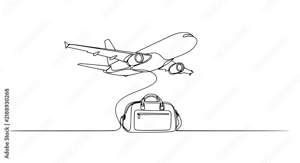 Obraz premium Airplane connected to luggage by single line art, travel concept