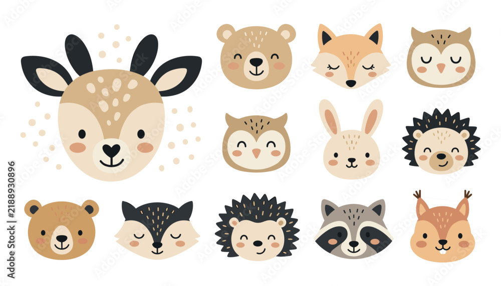 Fototapeta premium Cute Woodland Animals Vector Avatar Set with Deer Bear Fox Owl Rabbit Hedgehog Raccoon and Squirrel Icons