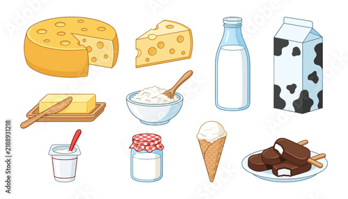 Bild auf Leinwand Dairy product set with milk bottle carton cheese butter yogurt cottage cheese an