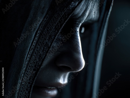 Dramatic profile portrait of a person wearing a dark hood in deep shadow