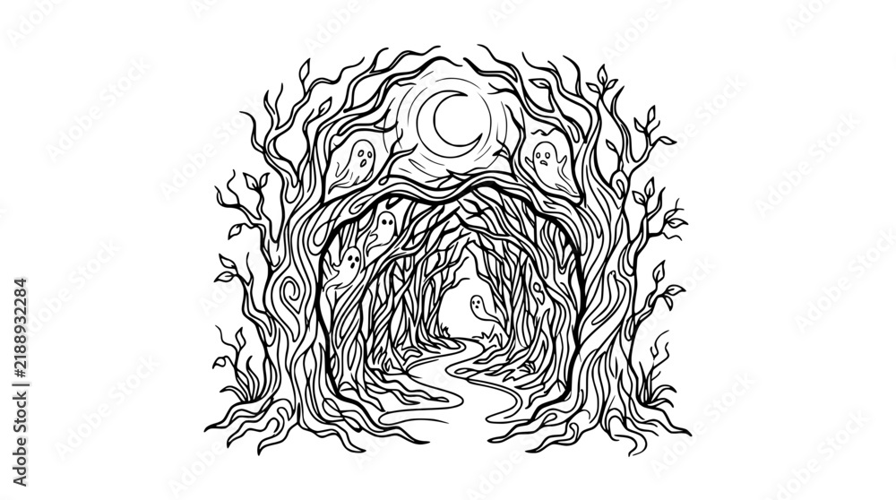 Fototapeta premium Spooky Forest Path Tunnel with Ghosts and Crescent Moon, Black and White Line Art