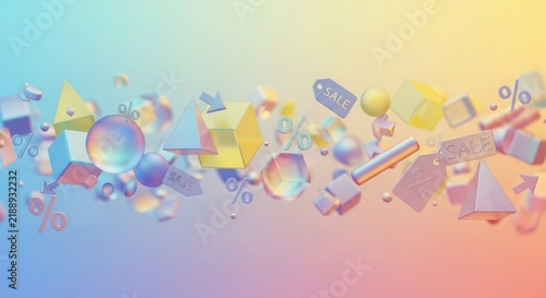 Abstract 3D Geometric Shapes Floating with Sale Tags