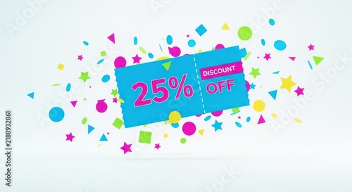 Discount coupon with falling confetti, 25% off sale