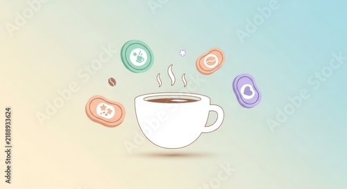 Steaming Coffee Cup with Floating Icons, Pastel Gradient Background