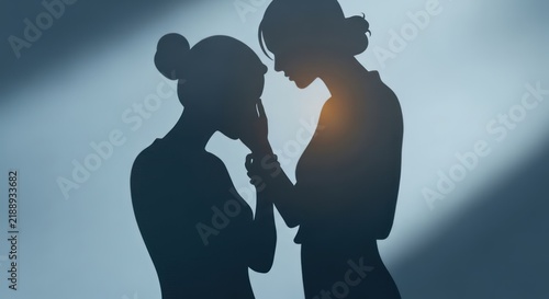 Two women silhouettes comforting each other with soft light