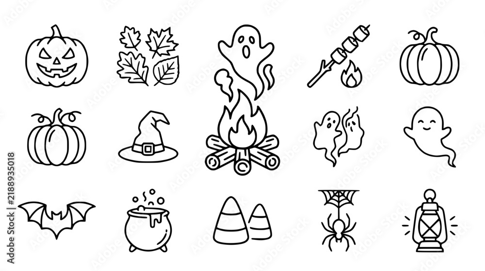 Fototapeta premium Halloween Icons Set: Pumpkin, Ghost, Bat, Witch Hat, Campfire, Spider