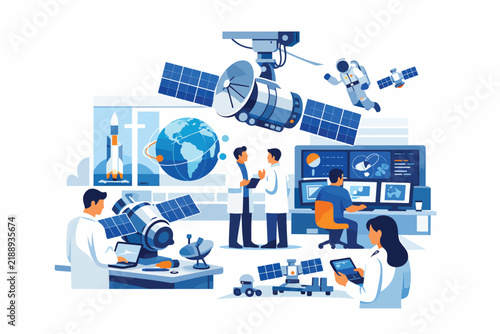 Scientists working in high-tech space research laboratory with satellites