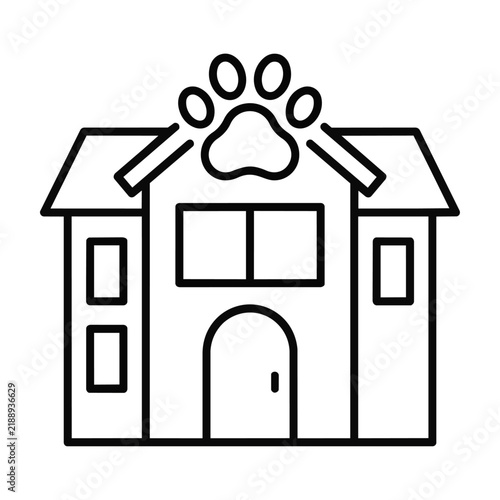 Simple monoline veterinary clinic building icon with paw print, flat design and clean outlines on white, animal healthcare concept