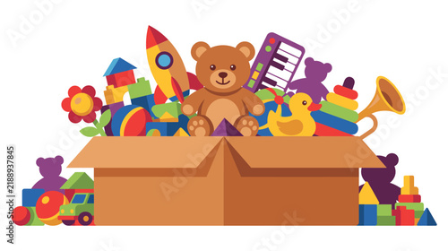 Kids toy box overflowing with colorful childhood playthings design.