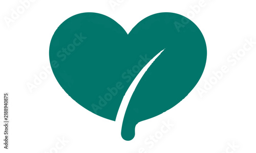 Minimalist heart shaped leaf icon in forest teal on a pure white background, environmental conservation concept