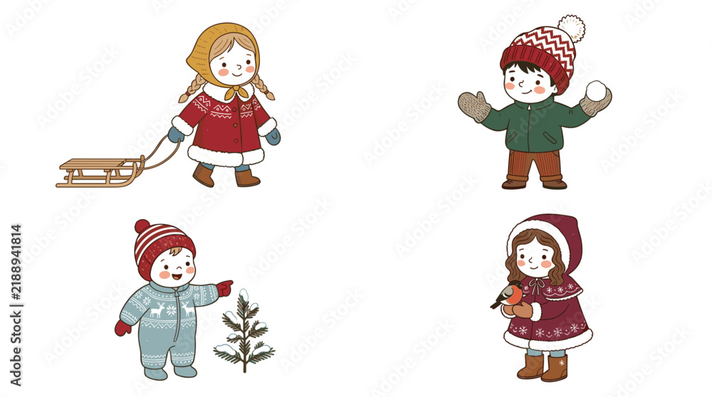 Fototapeta premium Cute Children Winter Outdoor Activities Vector Set with Kids Sledding Throwing Snowballs and Feeding Birds for Festive Christmas Greeting Card Designs