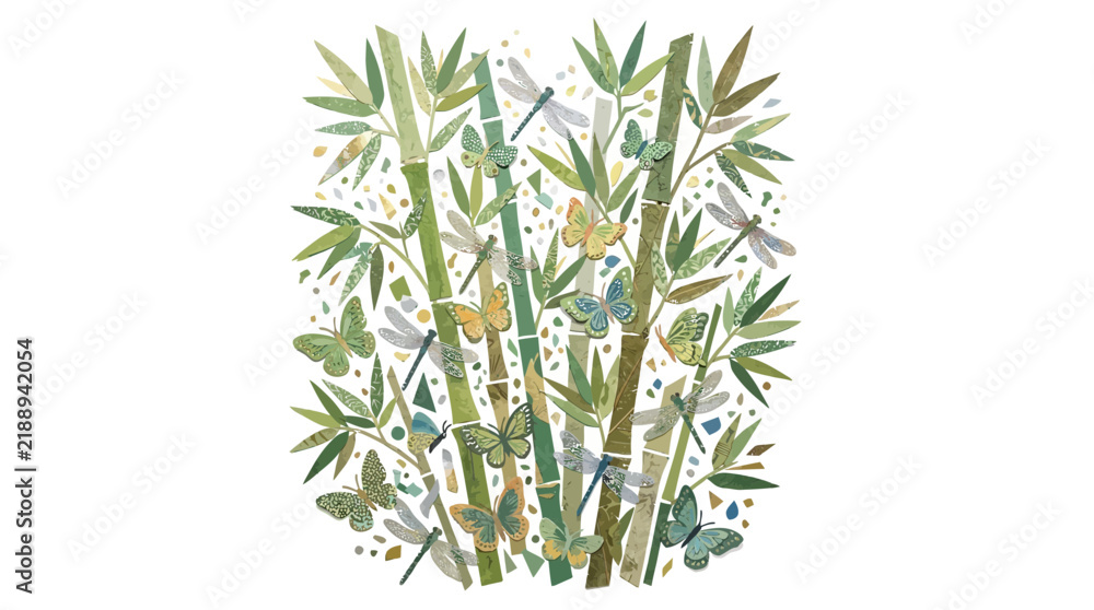 Fototapeta premium Bamboo Forest Illustration with Butterflies and Dragonflies, Watercolor Style, Nature Art, Isolated