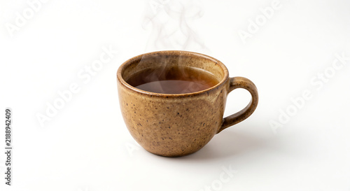 Steaming Cup of Tea: A rustic, handcrafted mug filled with warm, dark tea, emitting gentle wisps of steam. Perfect for cozy moments.