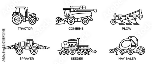 Bild auf Leinwand Agricultural Farm Equipment Line Art Icons Set