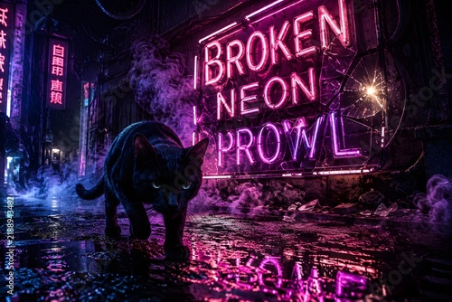 Black Cat Prowling Dark Alley with Broken Neon Sign at Night