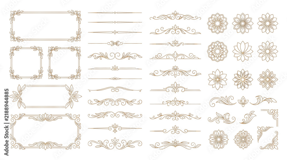 Fototapeta premium Elegant floral luxury frames and calligraphic dividers gold outlines.