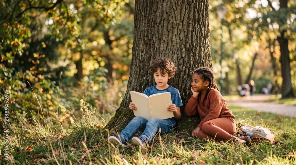 Fototapeta premium Two diverse children reading a book together under a large tree in a park during autumn