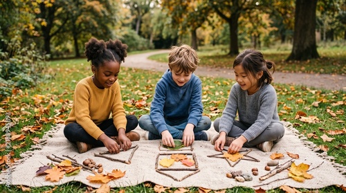 Diverse children creating art with natural materials in an autumn park