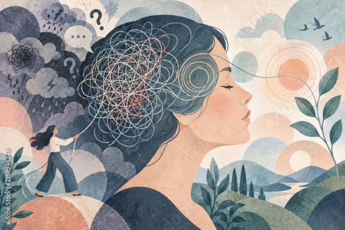 Mental Clutter and Anxiety Concept with Woman Untangling Thoughts Toward Calm Mind
