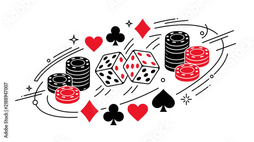 Minimalist vector illustration of gambling elements featuring two dice, stacks of poker chips, and card suit symbols like hearts and spades in a dynamic black and red layout.
