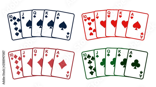 Horizontal rows of four royal flush card hands in spades hearts diamonds and clubs. Graphic illustration of winning poker hands on a white background for casino gaming.
