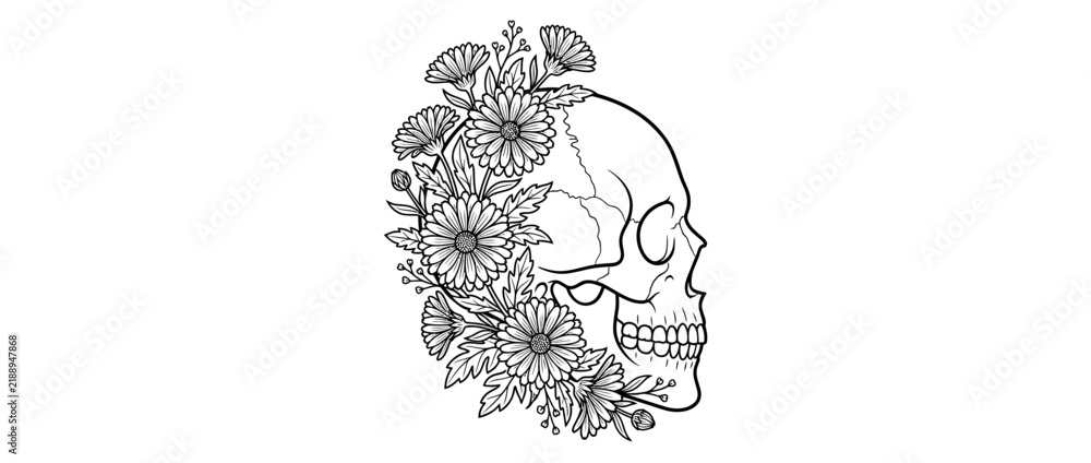 Fototapeta premium Line art skull with flowers, isolated on transparent background