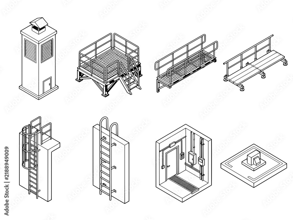 Fototapeta premium Architectural Service Access Structures and Maintenance Infrastructure – Isometric Vector Collection