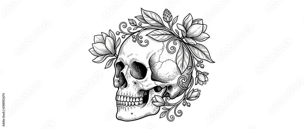 Fototapeta premium Skull with Flowers and Leaves Illustration