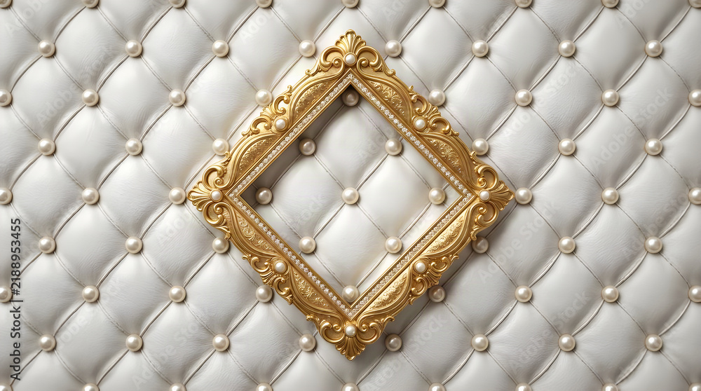 Naklejka premium Ornate gold picture frame centered on white tufted velvet upholstery background